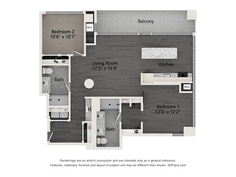 Floor plan for 2 beds, 2 baths, 1101 sqft